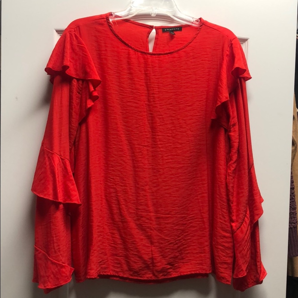 Unique Staccato red ruffle sleeve blouse. NWT.